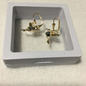 Laminated Gold Hummingbird Earrings Dangle DropGreen Rhinestone Leverback Women'